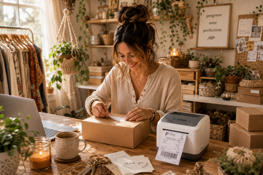 woman working at a desk in her home shop applying a shipping label to a package.